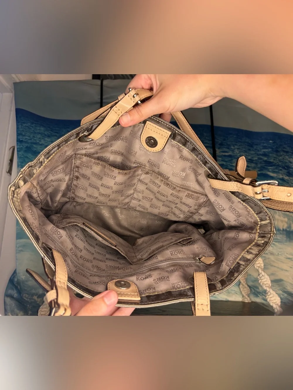 Michael Kors Metallic Bronze MK Tote with Tan Handles